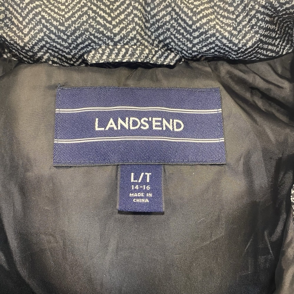 Lands End Womens L Tall Down Puffer Vest Black White Herringbone Zip Front - Picture 2 of 8